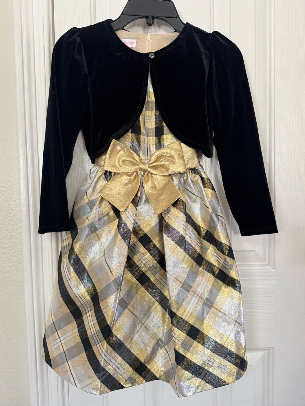 Girls Black & Gold Plaid Holiday Dress with Bow